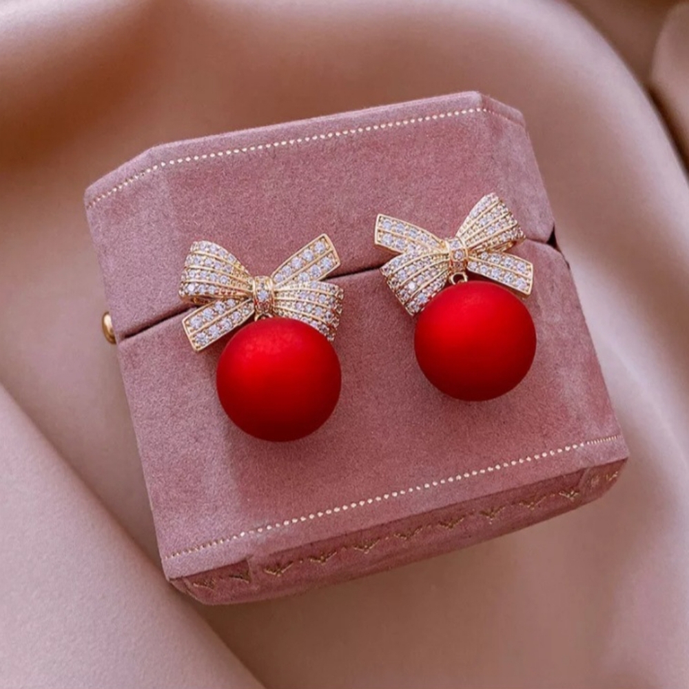 Red and Gold Holiday Christmas Bow Rhinestone Dangle Drop Earrings - Picture 1 of 11
